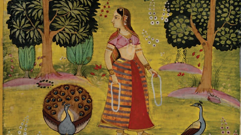 The original "Garland of Ragini" wall mural, made in southern India circa 1700. The piece, now held at the Victoria and Albert museum, provided inspiration for 1838 Wallcovering's new version (top). - Courtesy Victoria and Albert Museum