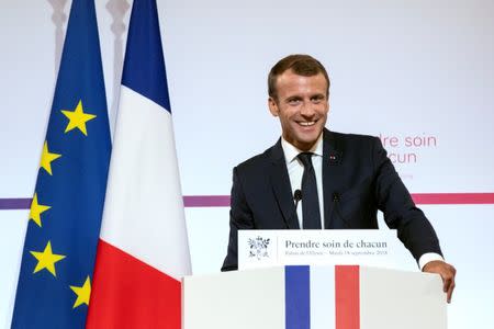 French President Emmanuel Macron delivers a speech on the transformation of the French healthcare system at the Elysee Palace in Paris, France, September 18, 2018. Etienne Laurent/Pool via REUTERS