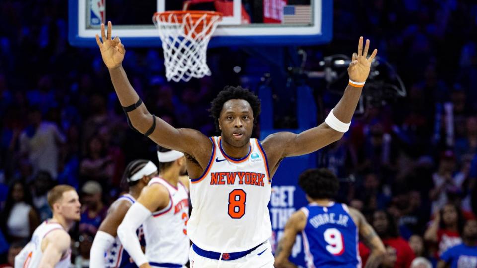 May 2, 2024; Philadelphia, Pennsylvania, USA; New York Knicks forward OG Anunoby (8) reacts to his three pointer against the Philadelphia 76ers during the second half of game six of the first round for the 2024 NBA playoffs at Wells Fargo Center.