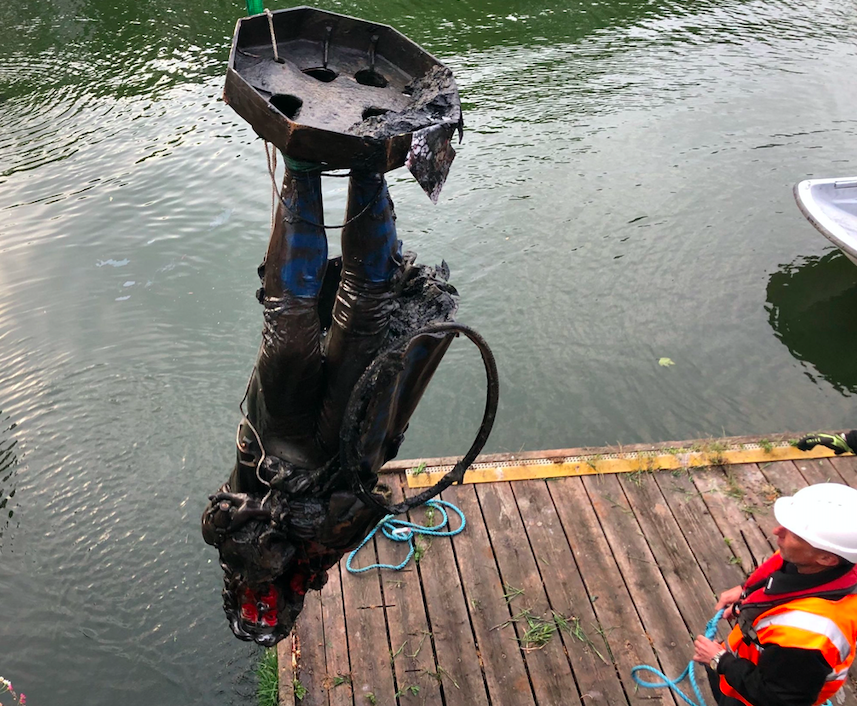 The Colston statue has been lifted out of Bristol Harbour and taken to a secure location. (Twitter/Bristol City Council)