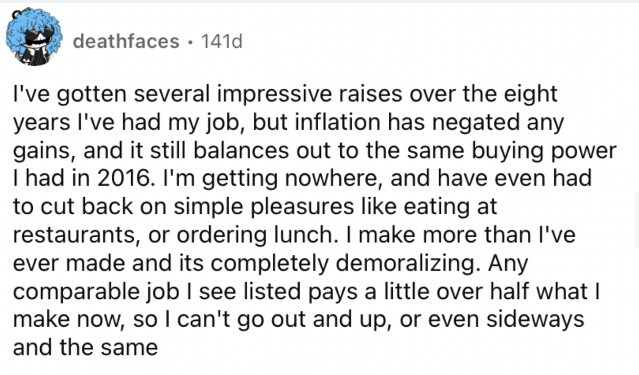 Reddit screenshot about how even with raises at your job it's too expensive to eat out.