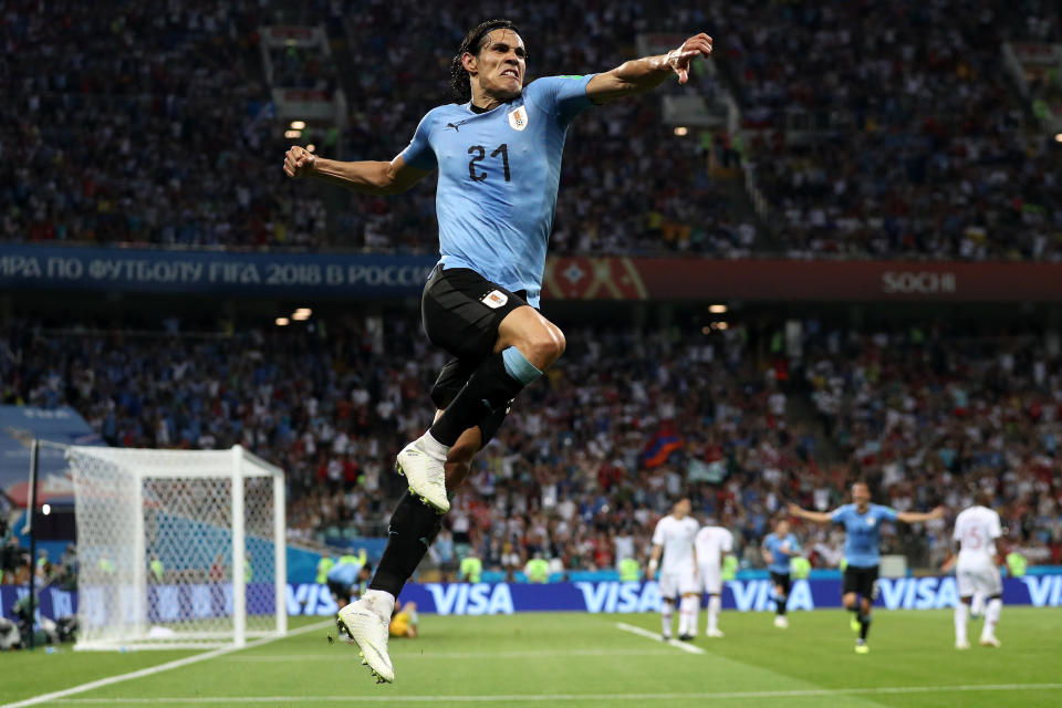 <p>SOCHI, RUSSIA – JUNE 30: Edinson Cavani of Uruguay celebrates after scoring his team’s second goal during the 2018 FIFA World Cup Russia Round of 16 match between Uruguay and Portugal at Fisht Stadium on June 30, 2018 in Sochi, Russia. (Photo by Patrick Smith – FIFA/FIFA via Getty Images) </p>