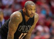Apr 7, 2016; Houston, TX, USA; Phoenix Suns forward P.J. Tucker (17) reacts after a play during the third quarter against the Houston Rockets at Toyota Center. Mandatory Credit: Troy Taormina-USA TODAY Sports