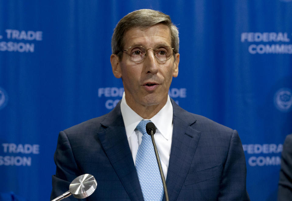 Federal Trade Commission FTC Chairman Joe Simons speaks during a news conference about Facebook settlement at FTC headquarters in Washington, Wednesday, July 24, 2019. (AP Photo/Jose Luis Magana)