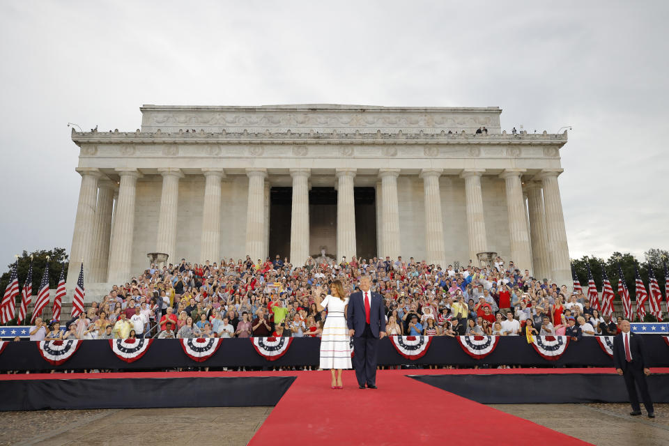 President Donald Trump and first lady Melania Trump arrive at an Independence Day celebration in front of the Lincoln Memorial, Thursday, July 4, 2019, in Washington. (AP Photo/Carolyn Kaster)