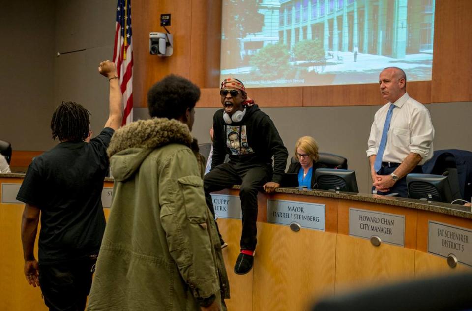 Stevante Clark, brother of Stephon Clark stormed the Sacramento City Council, jumping on the desk in front of Mayor Darrell Steinberg, forcing the council to leave the chambers on March 27, 2018.