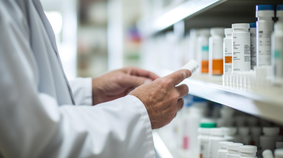 A pharmacy employee stocking prescription drugs on the shelves.