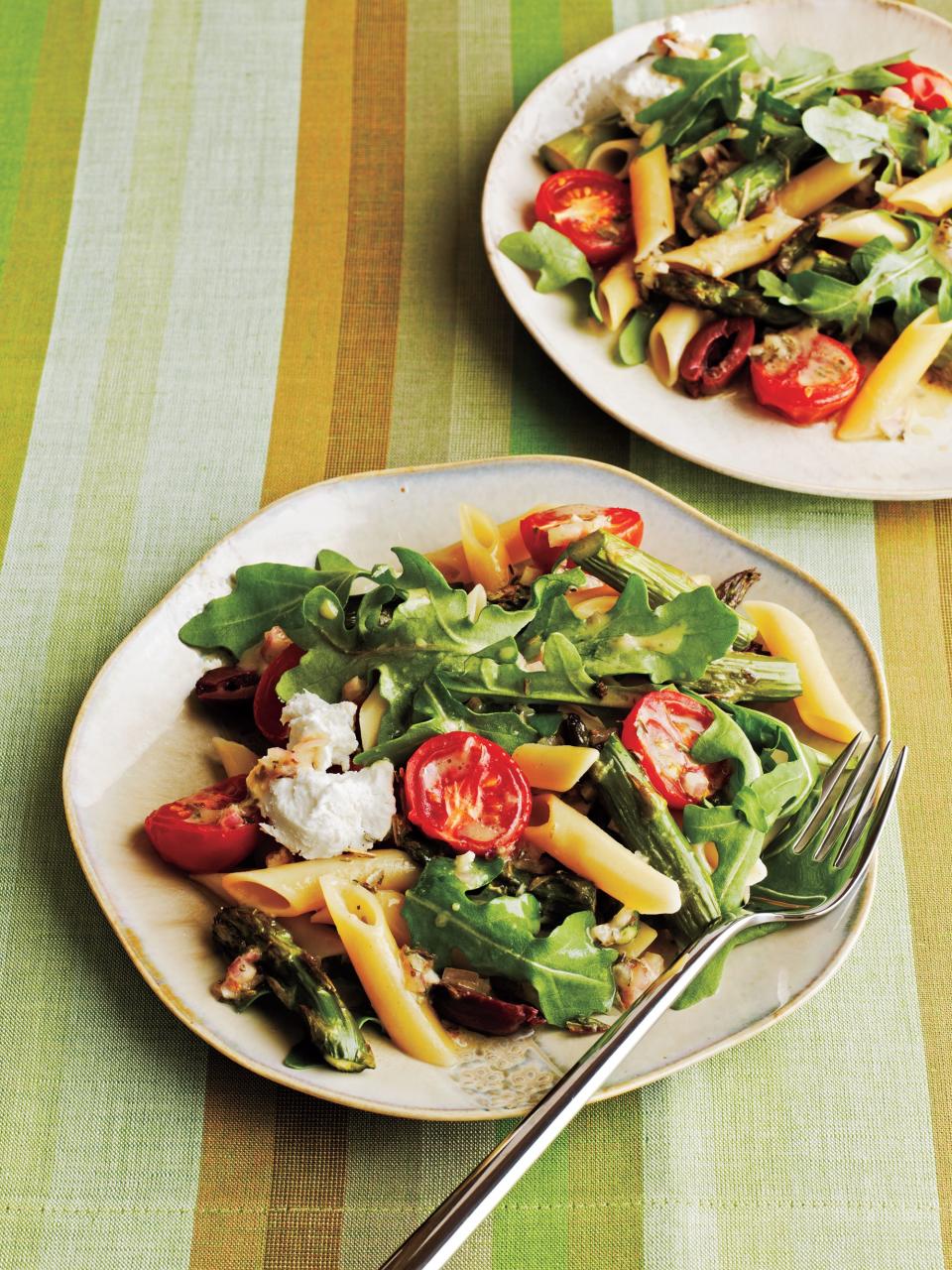 Roasted Asparagus and Tomato Penne Salad with Goat Cheese