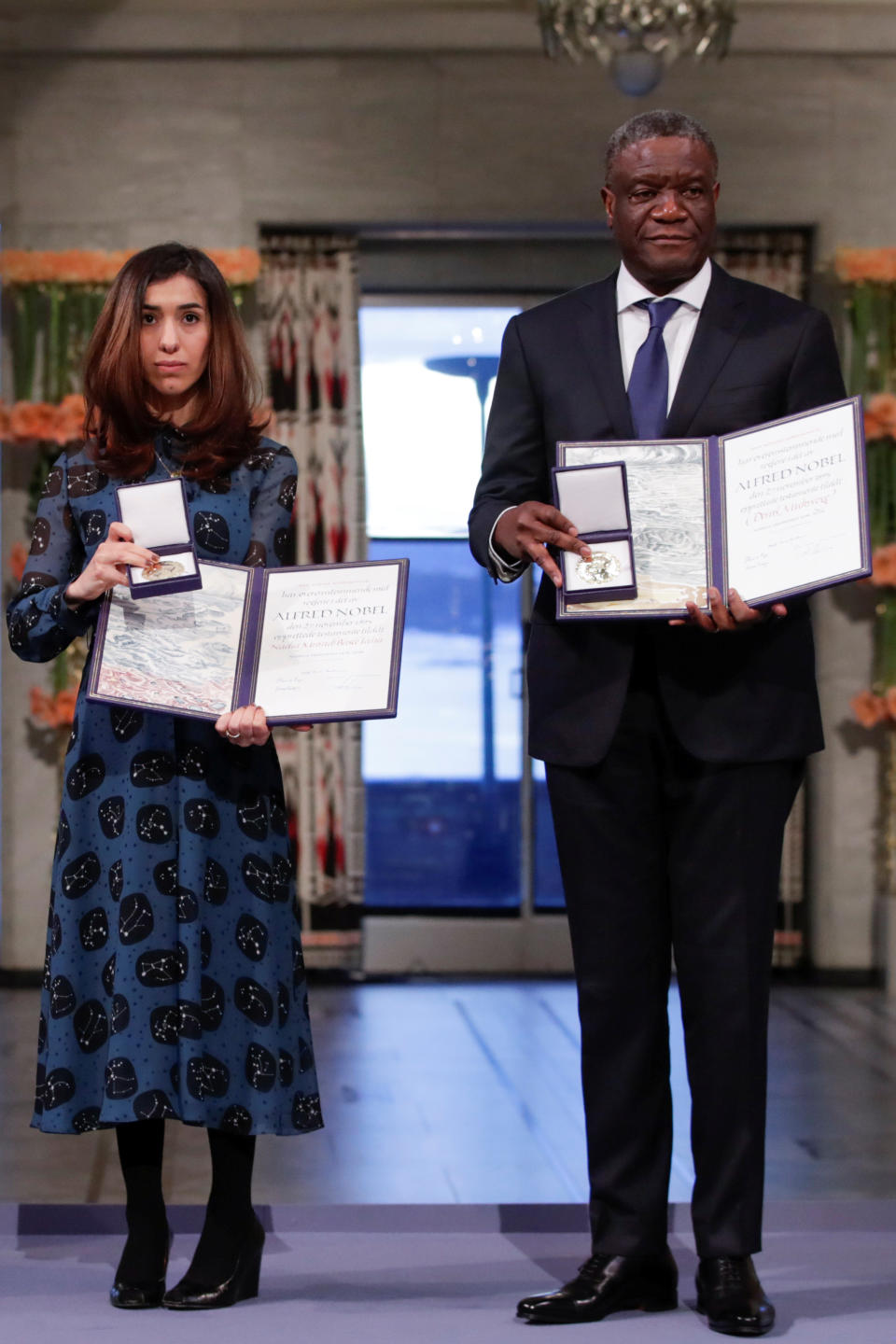 Iraqi Nadia Murad and Congolese doctor Denis Mukwege receive the Nobel Peace Prize for their efforts to end the use of sexual violence as a weapon of war and armed conflict at the Nobel Peace Prize Ceremony in Oslo Town Hall in Oslo, Norway, Dec. 10, 2018. (Photo: Reuters)