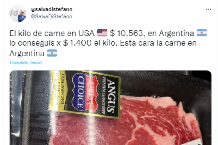 El analista de mercados, Salvador Di Stefano, compartió en Twitter una fotografía de una bandeja con un corte de carne vacuna y abrió un debate en Twitter