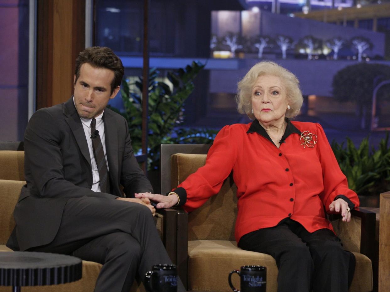 Ryan Reynolds and Betty White on "The Tonight Show with Jay Leno" in 2010.