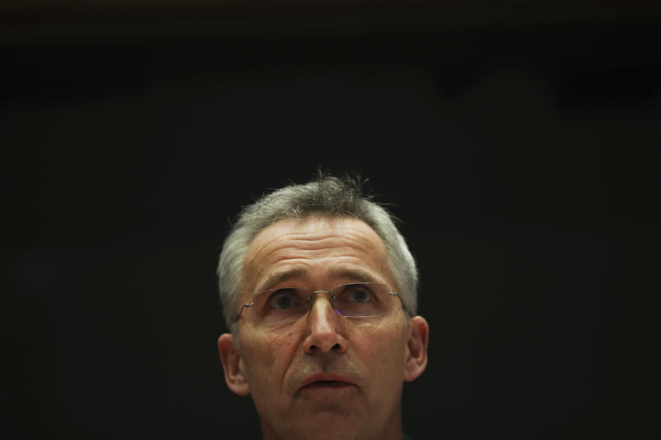 NATO Secretary-General Jens Stoltenberg addresses European Parliament Foreign Affairs committee members at the European Parliament in Brussels, Tuesday, Jan. 21, 2020. Stoltenberg told lawmakers that NATO needs to beef up its military training operation in Iraq once the government in Baghdad requests that it resume work. (AP Photo/Francisco Seco)