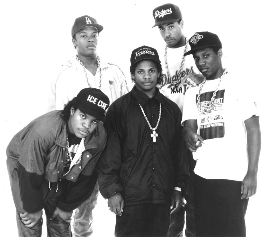 N.W.A., originally featuring (clockwise from top left): Dr. Dre, Yella, M.C. Ren, the late Eazy-E and Ice Cube.