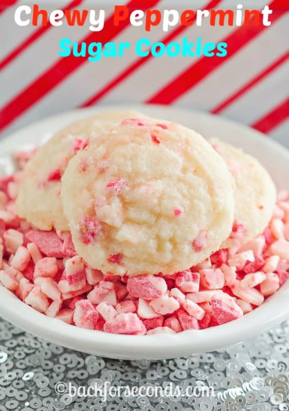 <p>Back For Seconds</p><p>These Peppermint Crunch Sugar Cookies are perfectly chewy with a crisp edge. The addition of peppermint crunch chips makes these a perfect Christmas cookie! </p><p>Get th recipe <a href="http://backforseconds.com/peppermint-crunch-sugar-cookies/" rel="nofollow noopener" target="_blank" data-ylk="slk:Peppermint Crunch Sugar Cookies;elm:context_link;itc:0;sec:content-canvas" class="link rapid-noclick-resp"><strong>Peppermint Crunch Sugar Cookies</strong></a>.</p>