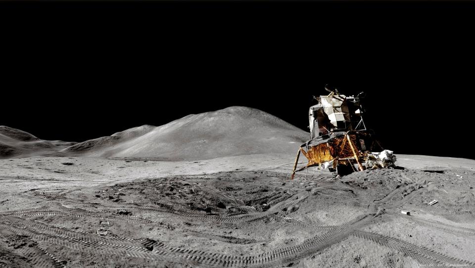 A panorama of the lunar module during the Apollo 15 mission, where astronauts lived for multiple days. The panoramas were created by stitching together photographs from the mission.