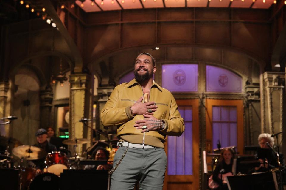 Jason Momoa talks about growing up in Iowa during his opening momologue while hosting Saturday Night live on Saturday, Nov. 18, 2023.