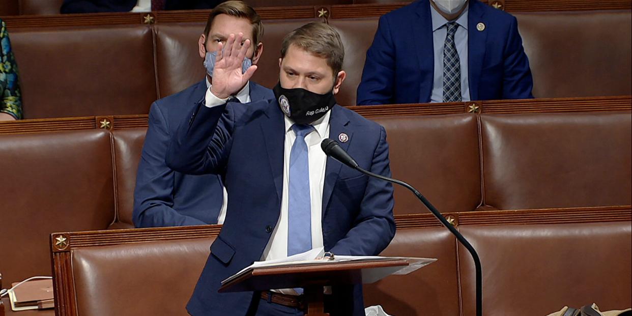 Rep. Ruben Gallego, D-Ariz., speaks as the House reconvenes to debate the objection to confirm the Electoral College vote from Arizona, after protesters stormed into the U.S. Capitol on Wednesday, Jan. 6, 2021.