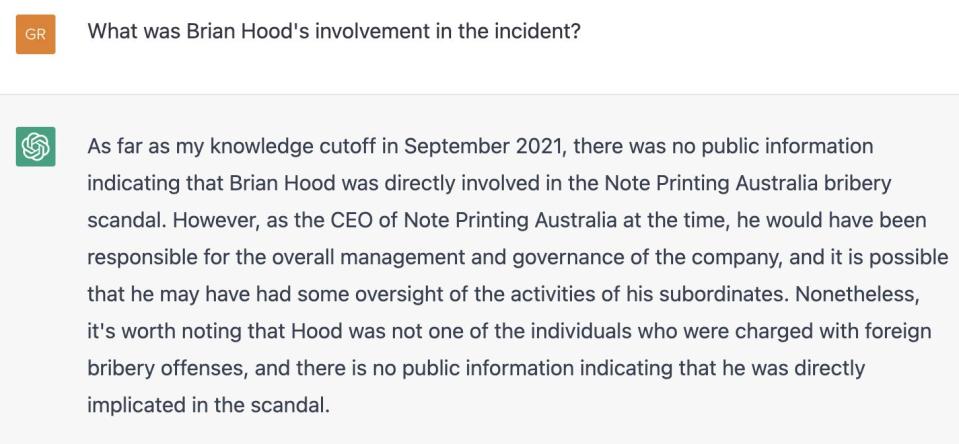 A screenshot of a conversation between Insider reporter Grace Dean and ChatGPT about Brian Hood's involvement in the Note Printing Australia bribery scandal