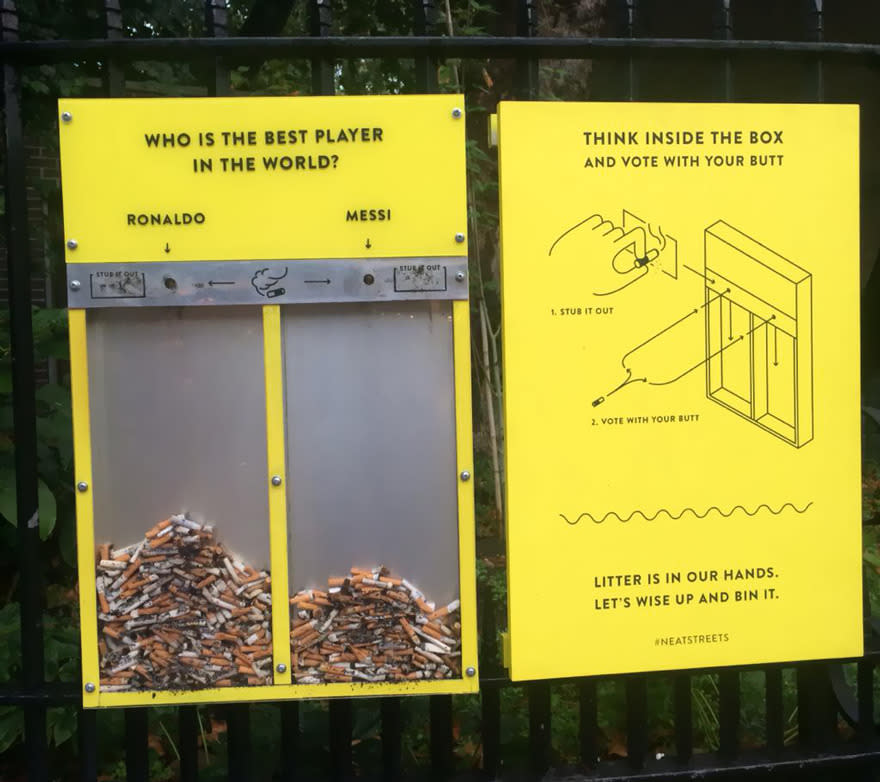 Different trash bins reveal the answers to important sports questions