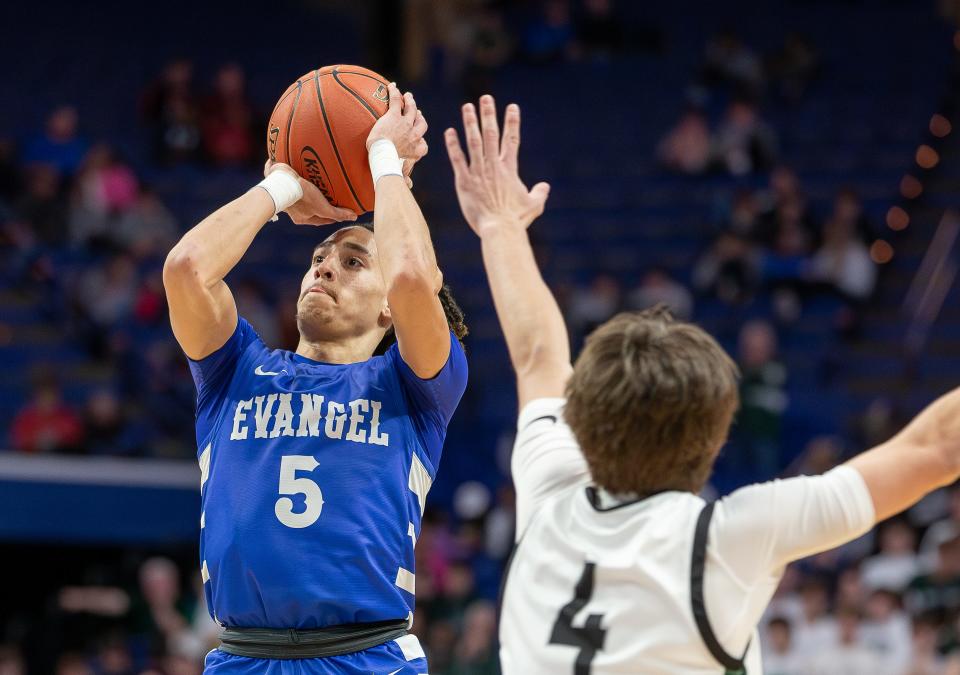 Evangel's Kyran Tilley shoots against Trinity in a KHSAA Boys' Sweet 16 quarterfinal in Lexington.