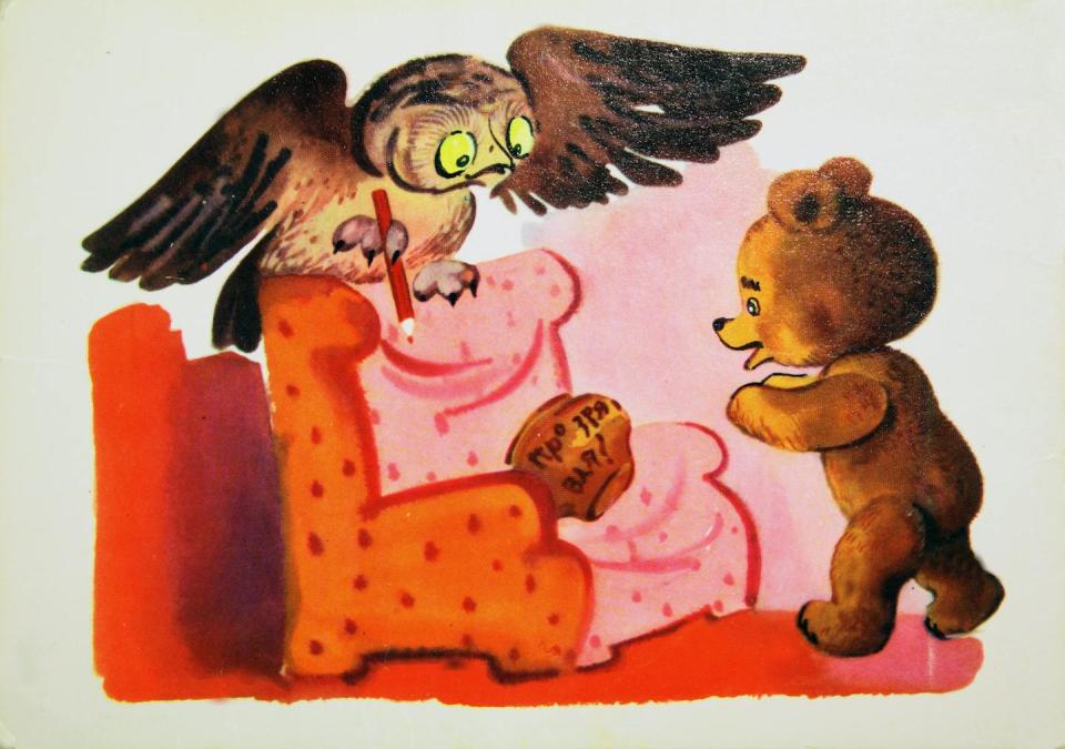 An illustration showing an owl sitting on top of a red polka dot couch with a honey pot resting on it, and a bear standing in front.