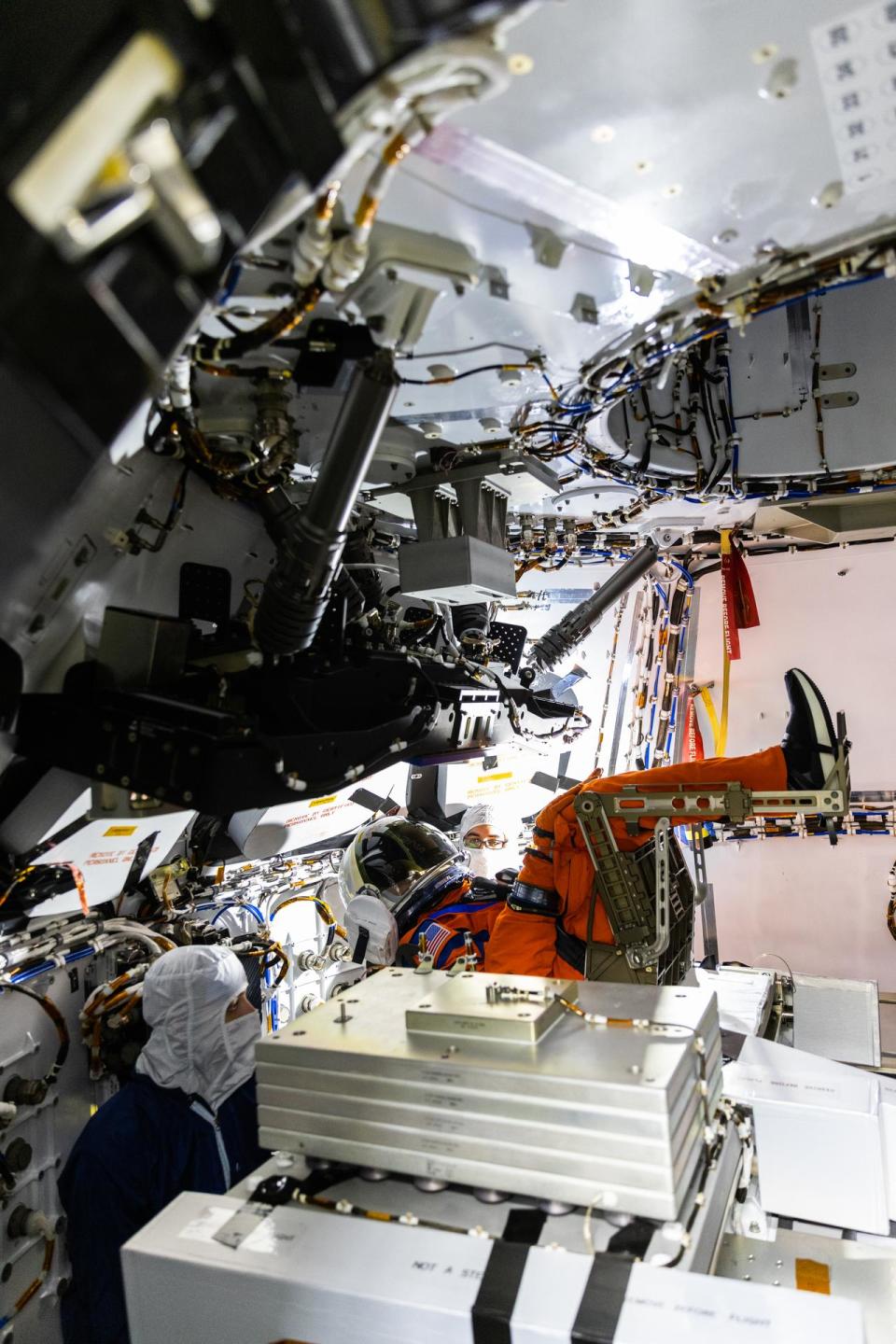 A view of Moonikin “Campos” secured in a seat inside the Artemis I Orion crew module atop the Space Launch System rocket in High Bay 3 of the Vehicle Assembly Building at NASA’s Kennedy Space Center in Florida on Aug. 3, 2022.