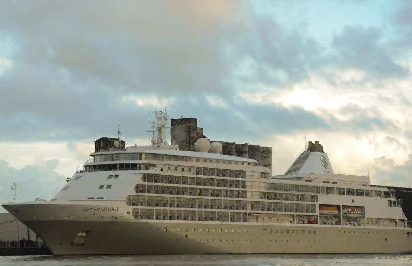 View of the Silver Shadow cruise ship, which is stranded in the port of Recife after a passenger was diagnosed with Coronavirus, in Recife, Brazil, on March 15, 2020. - The Silver Shadow and its 609 passengers from 18 nationalities, was quarantined at the port on March 12, 2020, after a 78-year-old Canadian tested positive for Coronavirus. (Photo by LEO CALDAS / AFP) (Photo by LEO CALDAS/AFP via Getty Images)