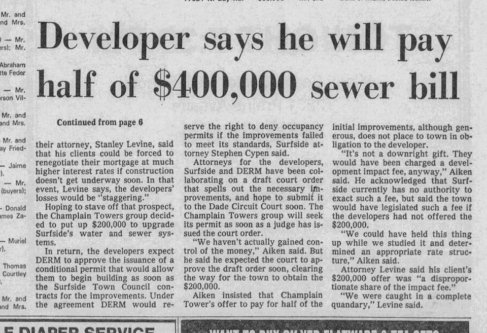 The developer behind Champlain Towers South got around a building moratorium by agreeing to pay $200,000 for sewer improvements.