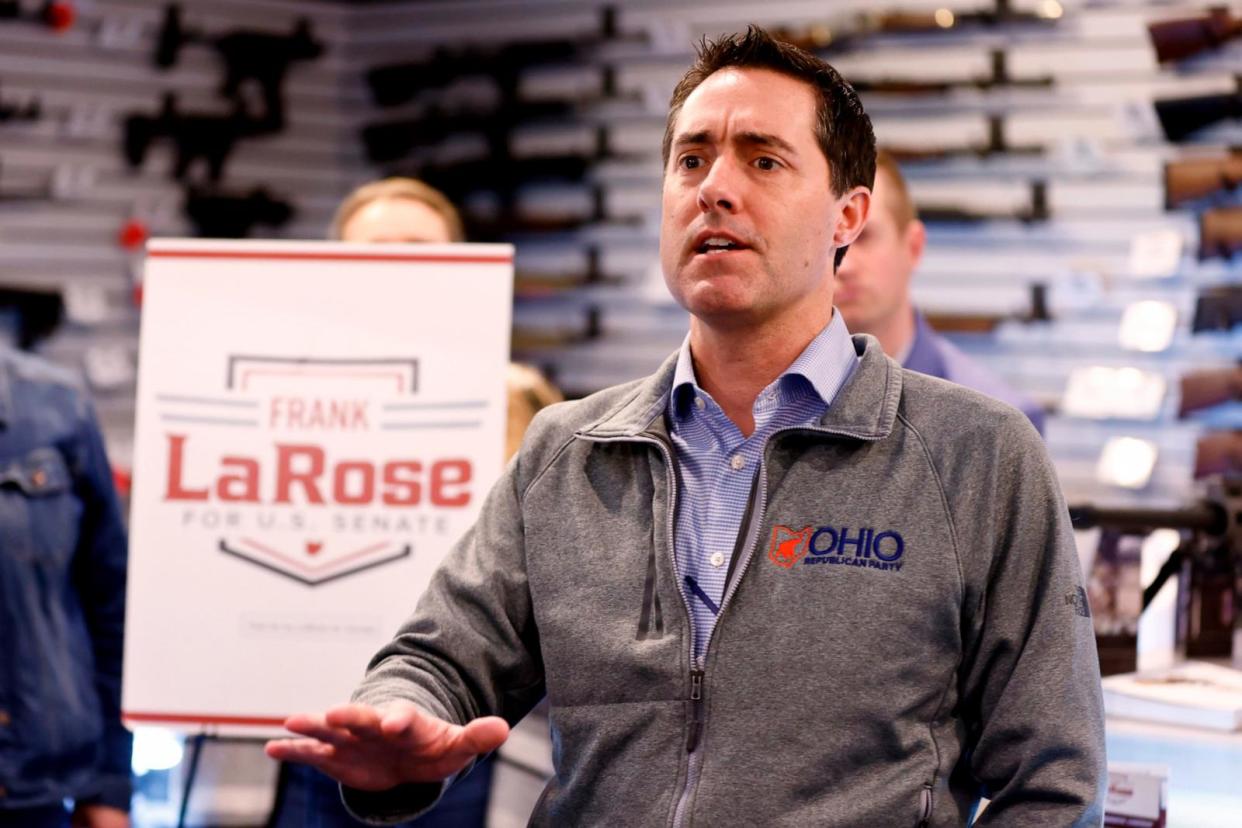 PHOTO: Ohio Secretary of State and Republican candidate for U.S. Senate Frank LaRose speaks to supporters during a campaign event in Hamilton, Ohio, March 18, 2024.  (Paul Vernon/AP, FILE)