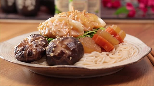 Japanese Soba with Dumplings, Carrots, Radish, Mushrooms and Enzyme Ginger Sauce