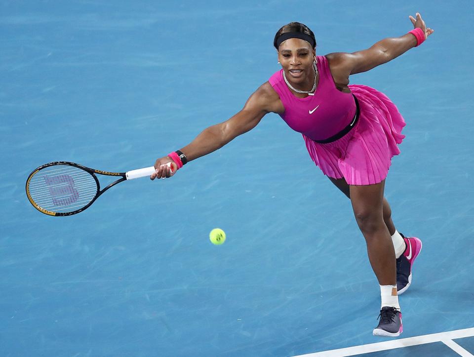 Serena Williams of The United States of America plays a forehand in her Women's Singles quarterfinals match against Danielle Collins of The United States of America during day six of the WTA 500 Yarra Valley Classic at Melbourne Park on February 05, 2021 in Melbourne, Australia