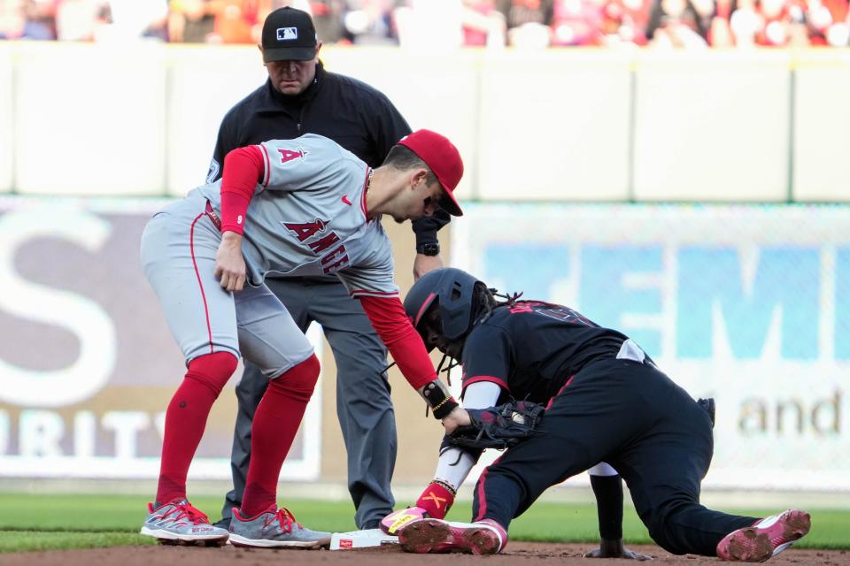 Elly De La Cruz, here stealing second in the Reds' 7-1 victory over the Angels Friday night, stole three bases in the game to give him 10 to go along with his six home runs.