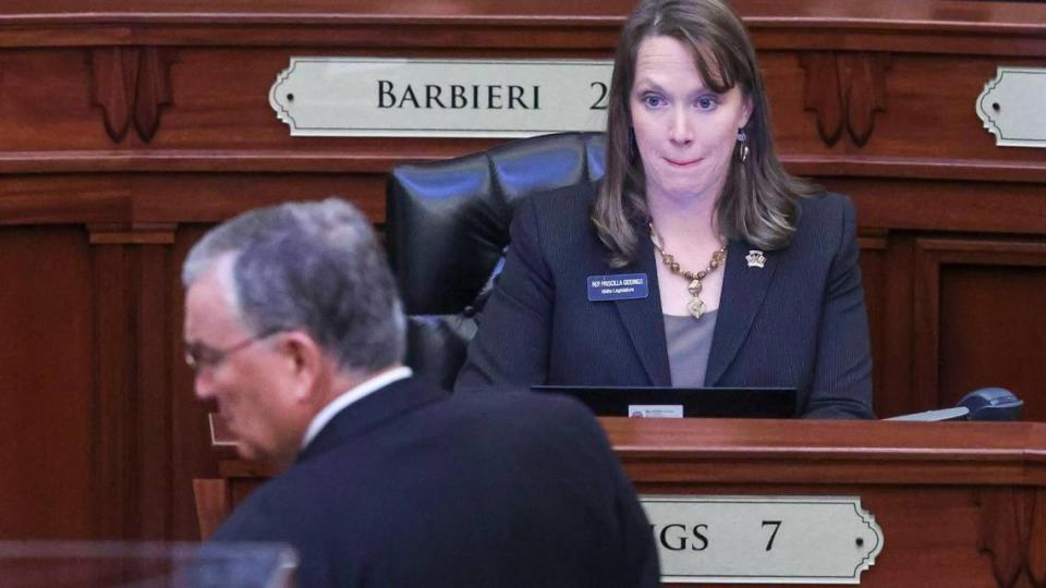 Rep. Priscilla Giddings, R-White Bird, glances up briefly as Idaho House Speaker Scott Bedke prepares to start a reconvening of the Idaho House of Representatives Monday, Nov. 15, 2021 at the Statehouse in Boise. One of the first orders of business was to vote on accepting a report from the Idaho Ethics and House Policy Committee reccommending censure Giddings. After nearly two hours of debate the motion was passed 49-19.