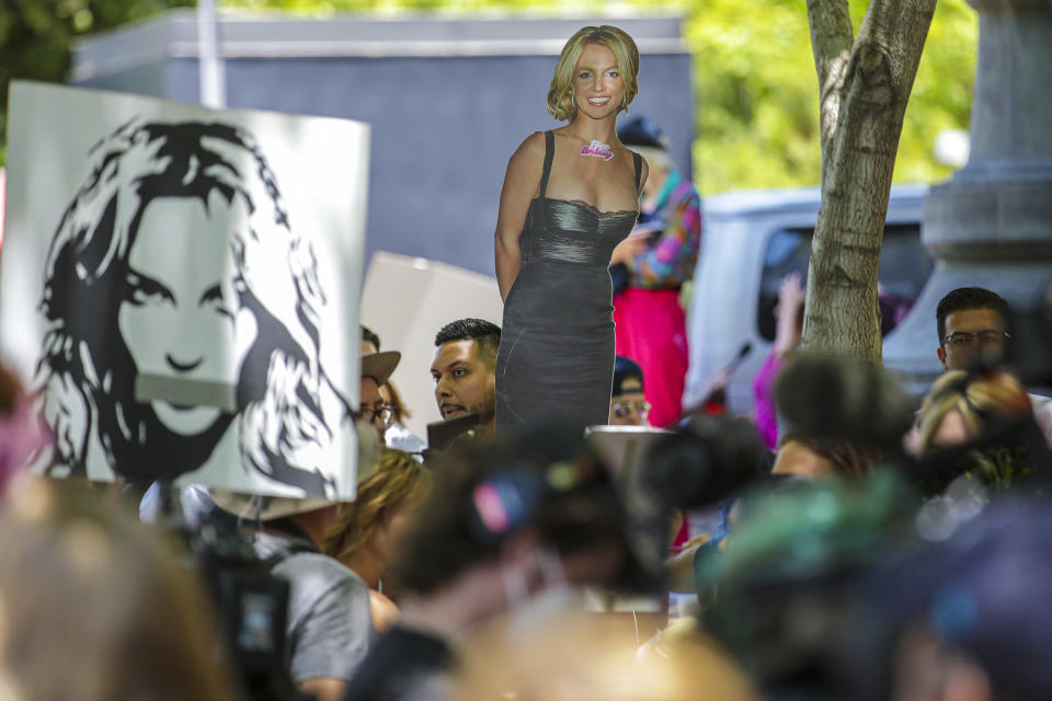 Supporters of Britney Spears rally as a hearing on her conservatorship case takes place at Stanley Mosk Courthouse on June 23, 2021, in Los Angeles.