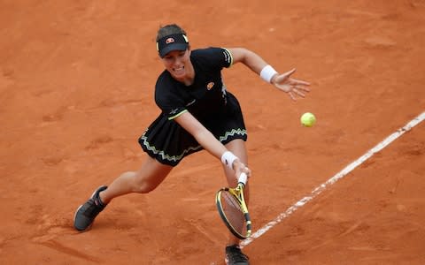 Britain's Johanna Konta plays a shot against Marketa Vondrousova of the Czech Republic during their semifinal match of the French Open tennis tournament at the Roland Garros - Credit: AP Photo/Christophe Ena