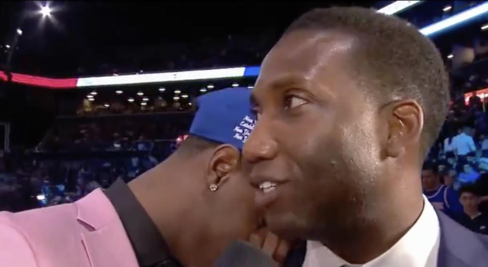 R.J. Barrett, the third overall pick in the 2019 NBA Draft, had a powerful moment with his father during his interview moments after being selected. (Twitter//@gifdsports)