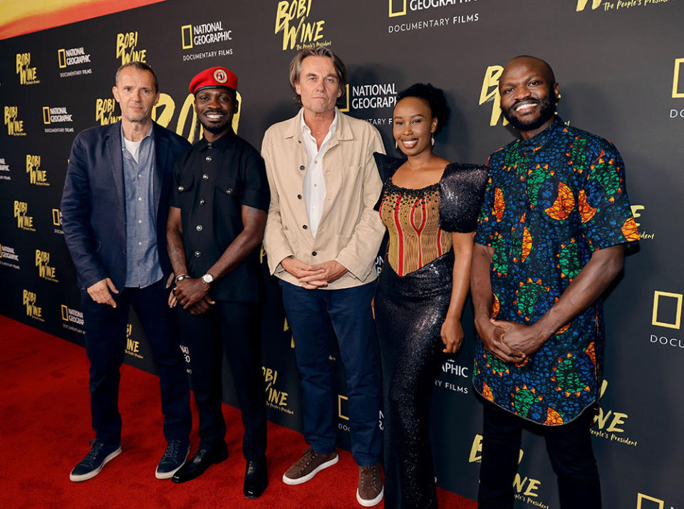 John Battsek, Bobi Wine, Christopher Sharp, Barbie Kyagulanyi and Moses Bwayo attend the Los Angeles Premiere Of National Geographic Documentary Films' Bobi Wine The People's President at Wallis Annenberg Center for the Performing Arts on July 25, 2023 in Beverly Hills, California.
