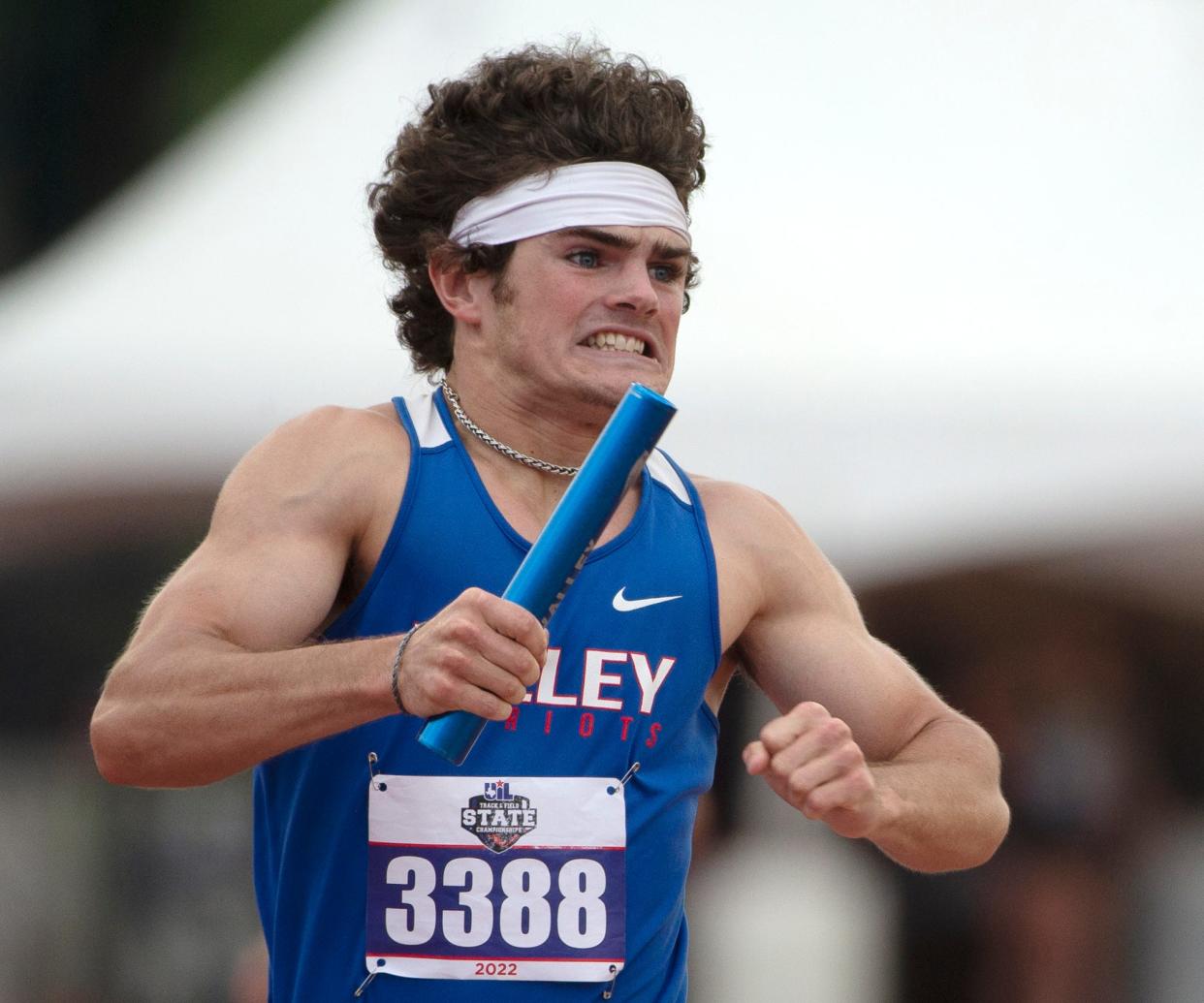 Turkey Valley's Blake Beard  competes in the Class 1A 4x200 meter relay during the UIL State Track and Field meet, Saturday, May 14, 2022, at Mike A. Myers Stadium in Austin.