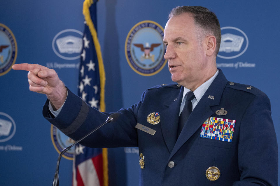 Pentagon spokesman U.S. Air Force Brig. Gen. Patrick Ryder speaks during a media briefing at the Pentagon, Friday, March 24, 2023, in Washington. (AP Photo/Alex Brandon)