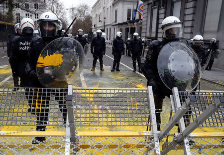 Members of riot police are seen during the "yellow vests" protest against higher fuel prices, in Brussels, Belgium, December 8, 2018. REUTERS/Yves Herman