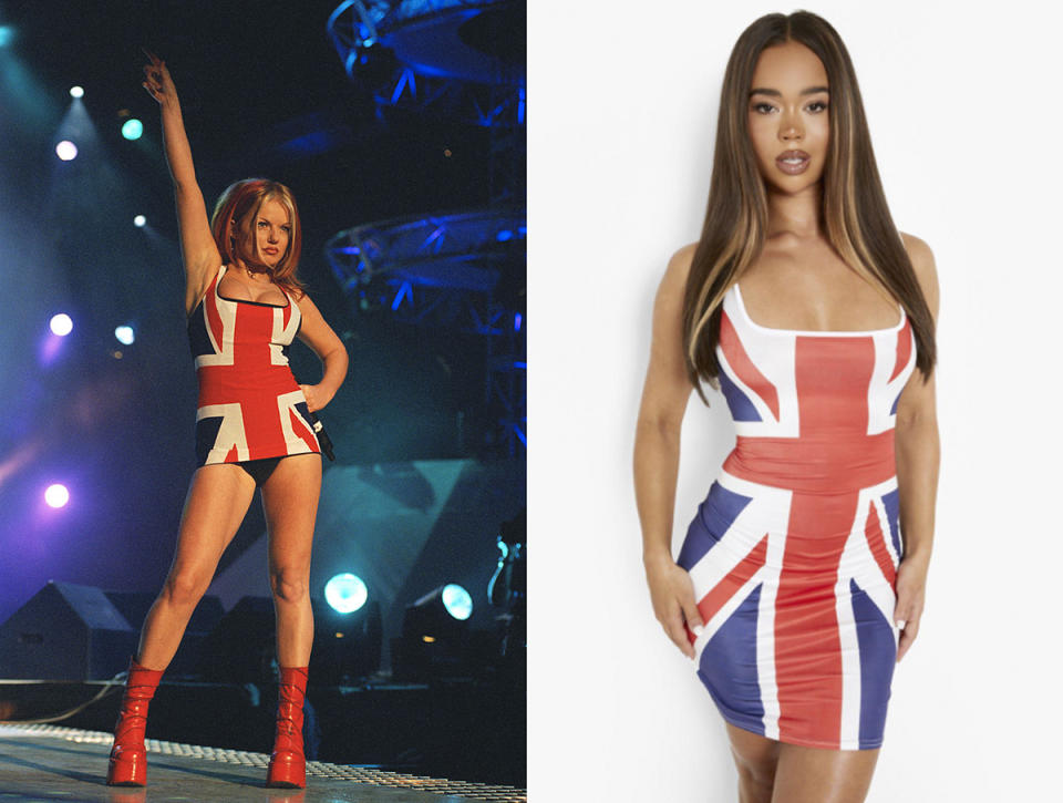 Side by side images of Geri Halliwell wearing a Union Jack dress while performing with Spice Girls at the Brit Awards, 24th February 1997, and a model wearing Boohoo Halloween Union Jack Mini Dress. Photo: Getty Images, Boohoo.