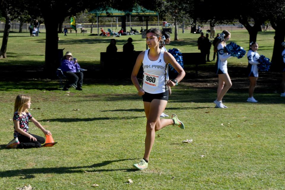 Oak Park's Katarina Modrzejewski nears the finish line to win the girls individual title at the Coastal Canyon League Cross Country Championships on Nov. 3.