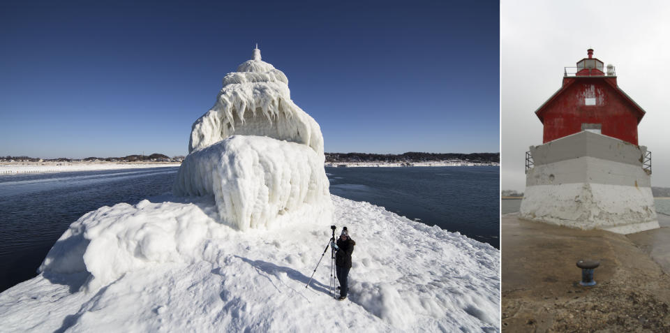 SOUTH HAVEN, MI - UNDATED: A comparison shot of the Grand Haven South Pier Entrance Light taken on January 13 (left) and December 3, 2013, (right), in South Haven, Michigan.ICE engulfs a red lighthouse as a fierce winter storm grips South Haven, Michigan. Sharp icicles and surreal formations can be seen hanging from the railings after strong waves crashed onto the piers. After each coating the water quickly freezes to ice and the pier is transformed into a slippery, white wonderland. Weather in the area dipped into the minus figures and froze over Lake Michigan in the beginning of January.PHOTOGRAPH BY Mike Kline / Barcroft MediaUK Office, London.T +44 845 370 2233W www.barcroftmedia.comUSA Office, New York City.T +1 212 796 2458W www.barcroftusa.comIndian Office, Delhi.T +91 11 4053 2429W www.barcroftindia.com