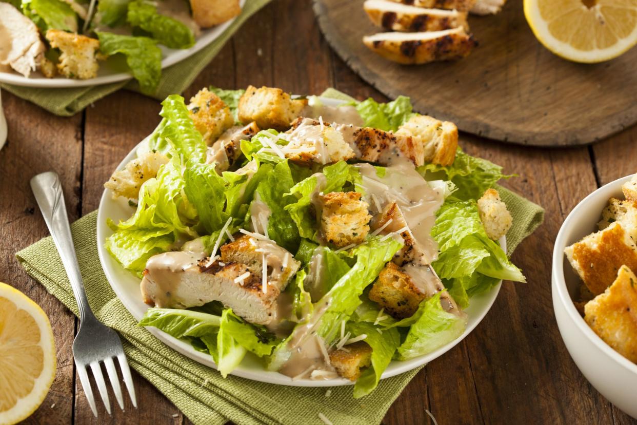 Healthy Grilled Chicken Caesar Salad with Cheese and Croutons