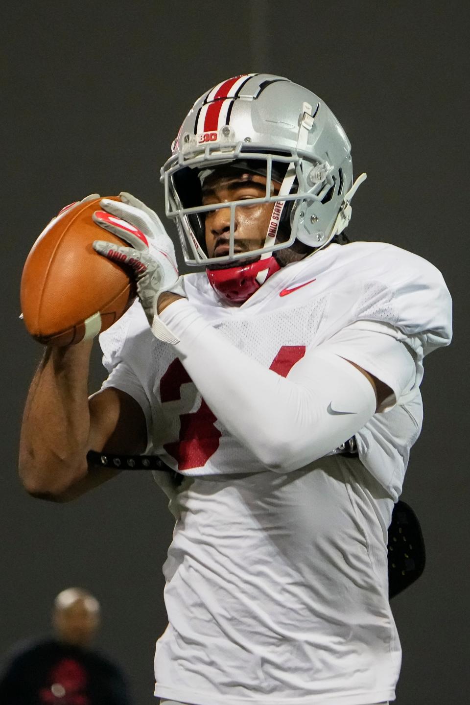 Ohio State Buckeyes safety Andre Turrentine (34) catches a ball during a spring football practice at the Woody Hayes Athletics Center in Columbus on March 22, 2022.