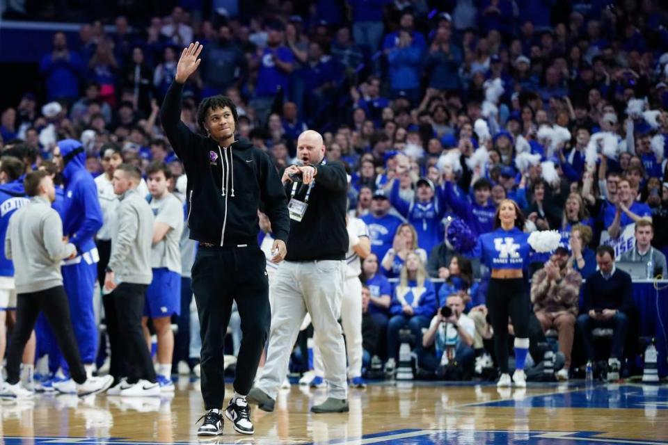 Kentucky men’s basketball signee DJ Wagner is introduced to the Rupp Arena crowd during UK’s home game against Florida on Saturday, February 4, 2023. Wagner is one of five players in Kentucky’s top-ranked 2023 recruiting class.