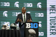 Michigan State head coach Mel Tucker talks to reporters during an NCAA college football news conference at the Big Ten Conference media days, at Lucas Oil Stadium in Indianapolis, Friday, July 23, 2021. (AP Photo/Michael Conroy)