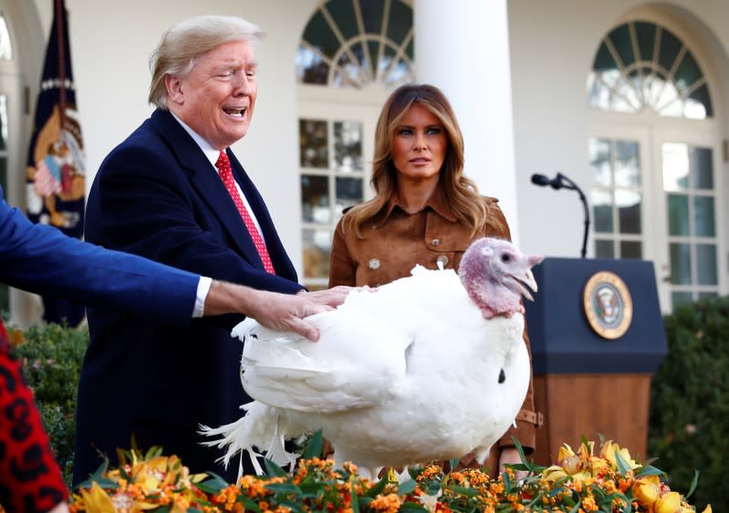 El presidente de Estados Unidos, Donald Trump, sostiene a un pavo durante un tradicional evento en la Casa Blanca antes del Día de Acción de Gracias, en Washington