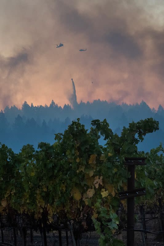 Helicopters drop water over the Glass Fire in Calistoga, California