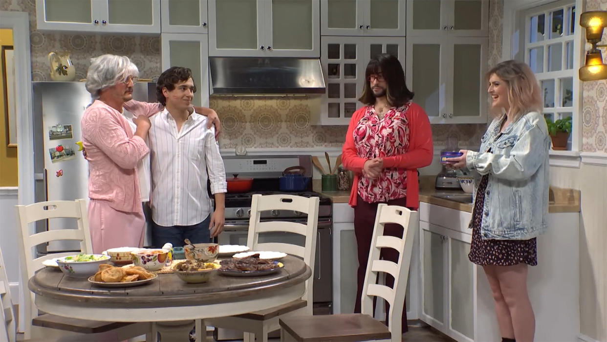 Pedro Pascal, Marcello Hernández, Bad Bunny, and Chloe Troast reprise last season's “Protective Mom” sketch. (Saturday Night Live)